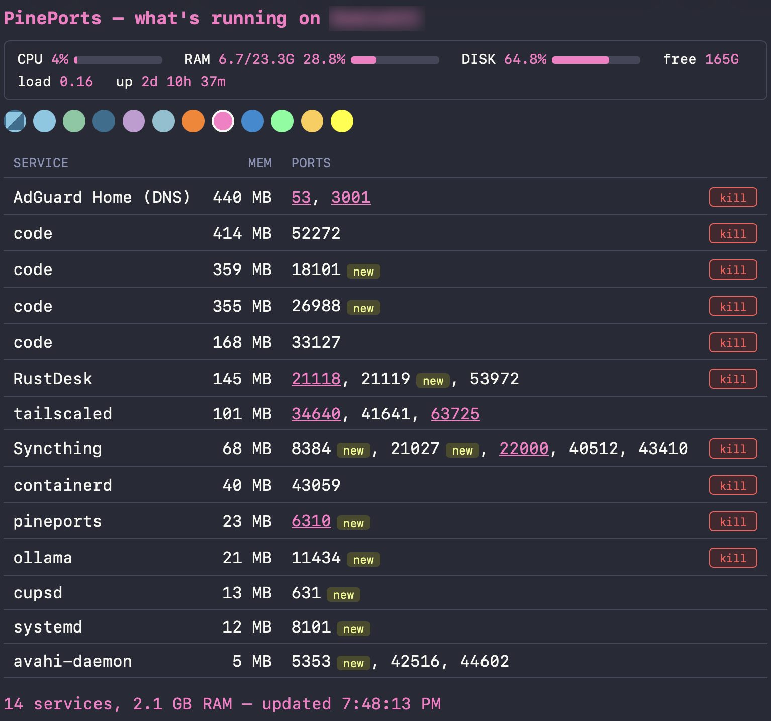 PinePort dashboard showing CPU, RAM and disk meters above a table of services and their ports